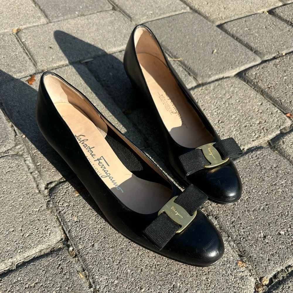 Salvatore Ferragamo Black Flats with Gold Buckle - Picture 1 of 4